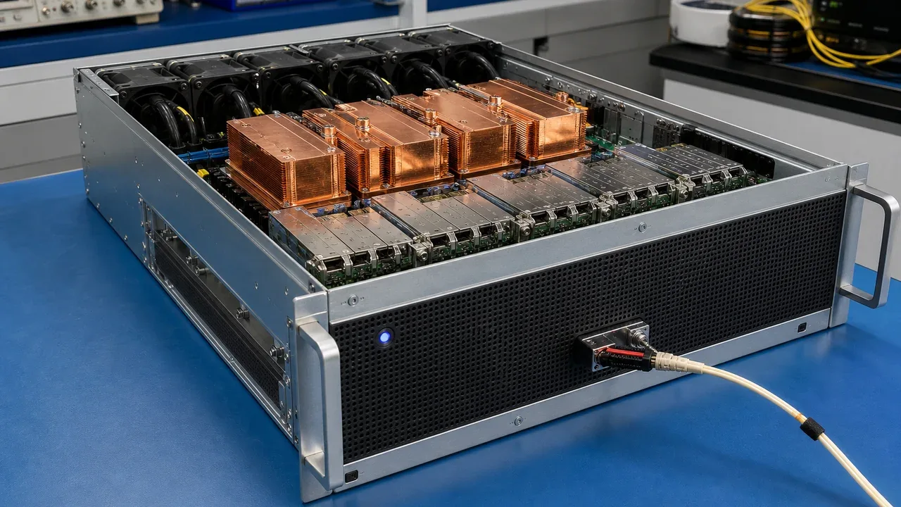 Vista lateral de chassi de servidor de computação acelerada 4U em bancada técnica de engenharia com dissipadores de cobre, barramento NVLink e indicador luminoso carmim