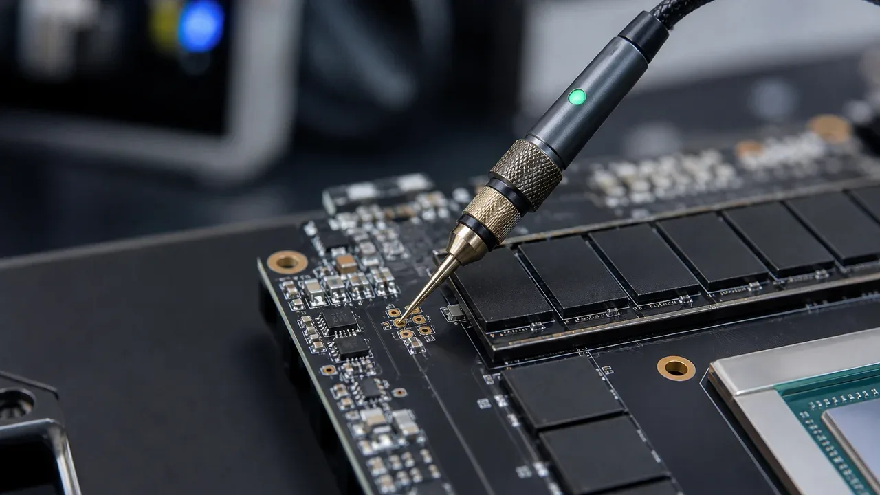 Close-up macro de sonda de osciloscópio digital de alta precisão com cabo coaxial carmim tocando pontos de teste de barramento em placa de aceleração