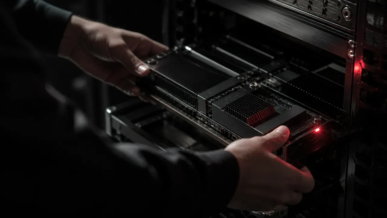 Instalação de módulo de hardware de computação em laboratório técnico com indicador luminoso vermelho de marca