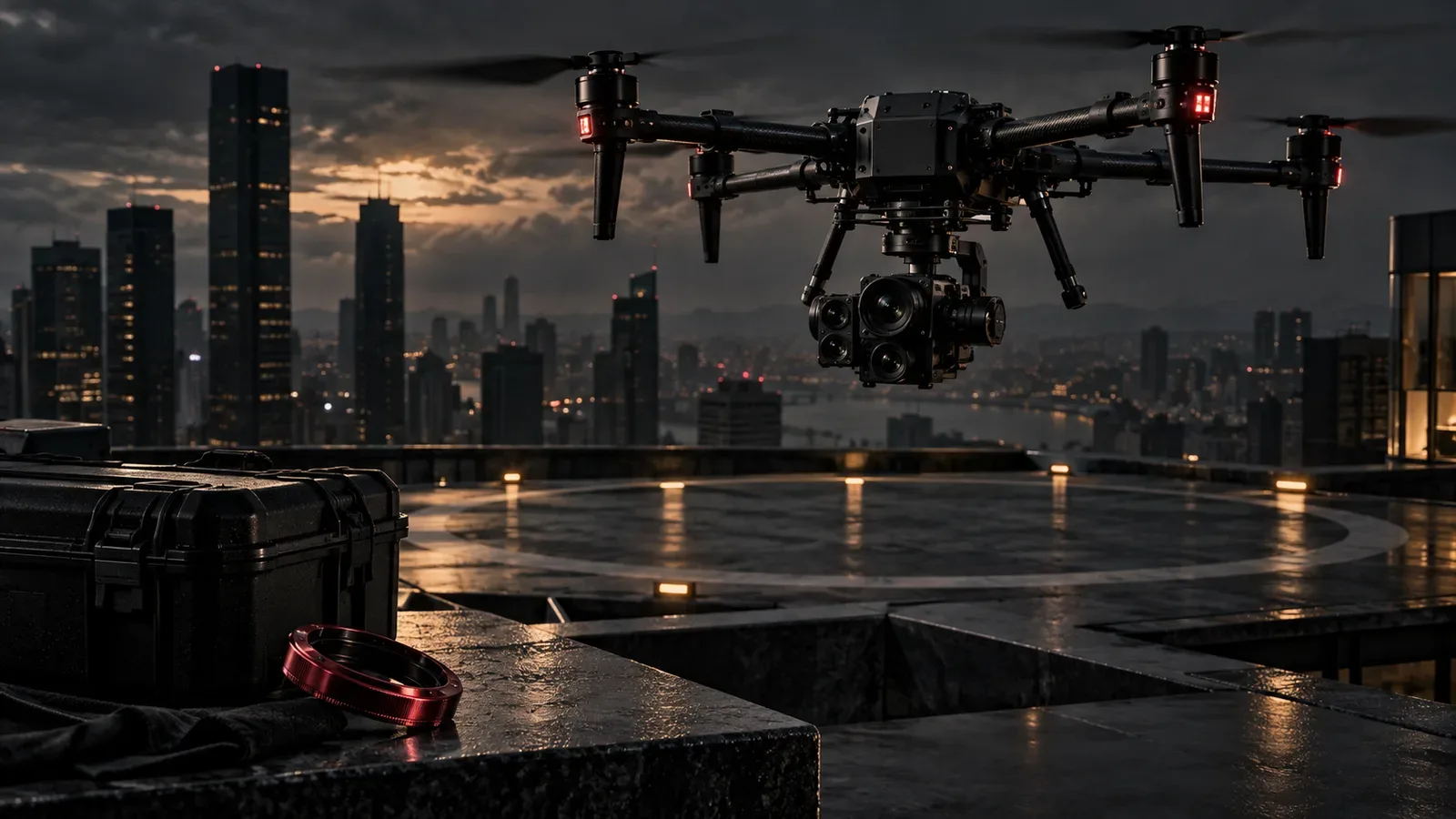 Drone comercial de alta performance com gimbal de câmera em voo rasante sobre heliponto ao entardecer