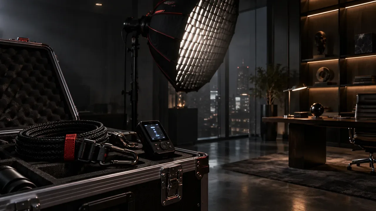 Equipamento profissional de iluminação de estúdio com softbox octagonal e case de transporte em escritório executivo