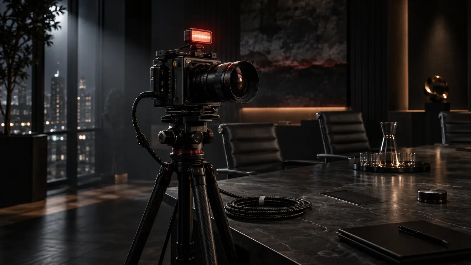 Câmera profissional mirrorless de médio formato montada em tripé de fibra de carbono em sala de reuniões executiva corporativa