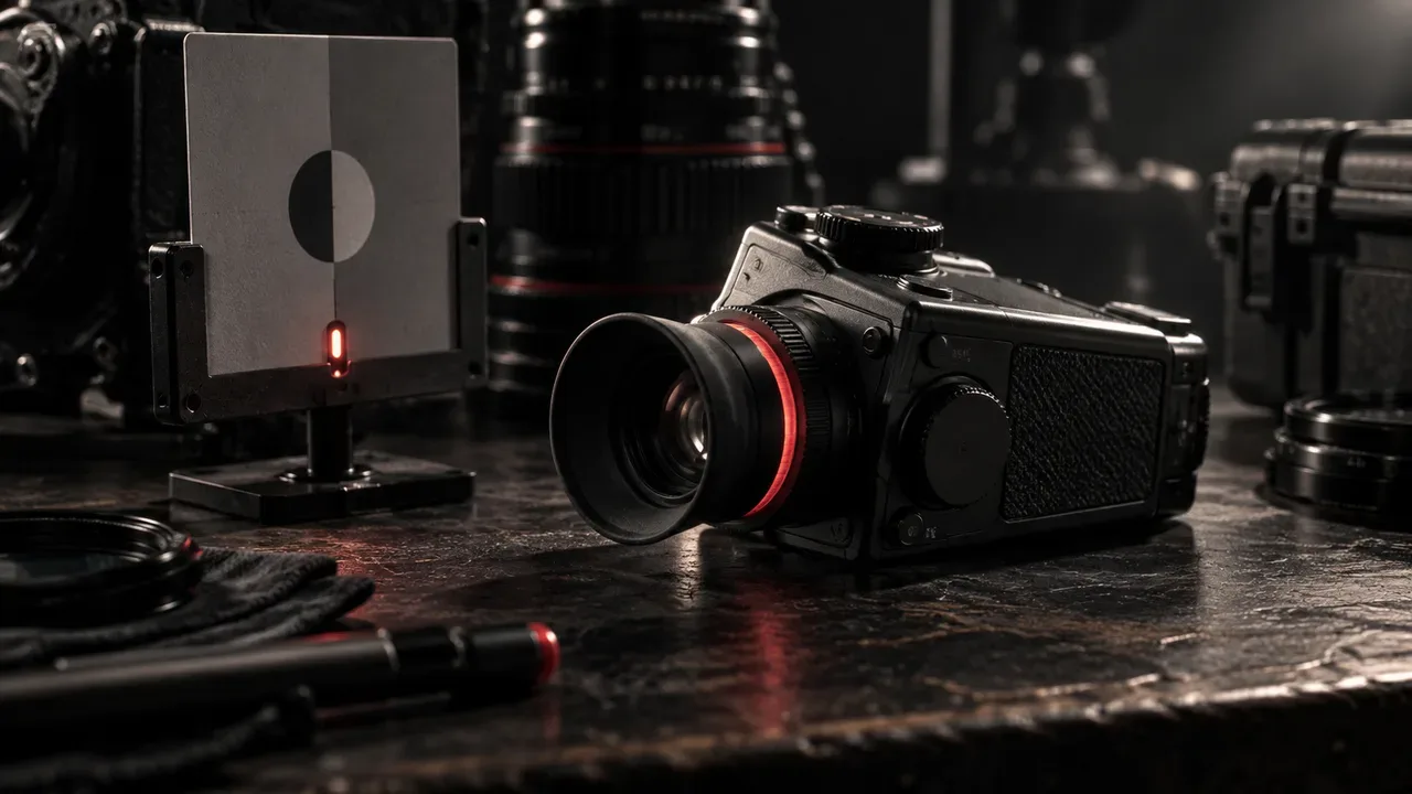 Spotmeter de cinema óptico com visor de 1 grau calibrando alvos em bancada técnica escura
