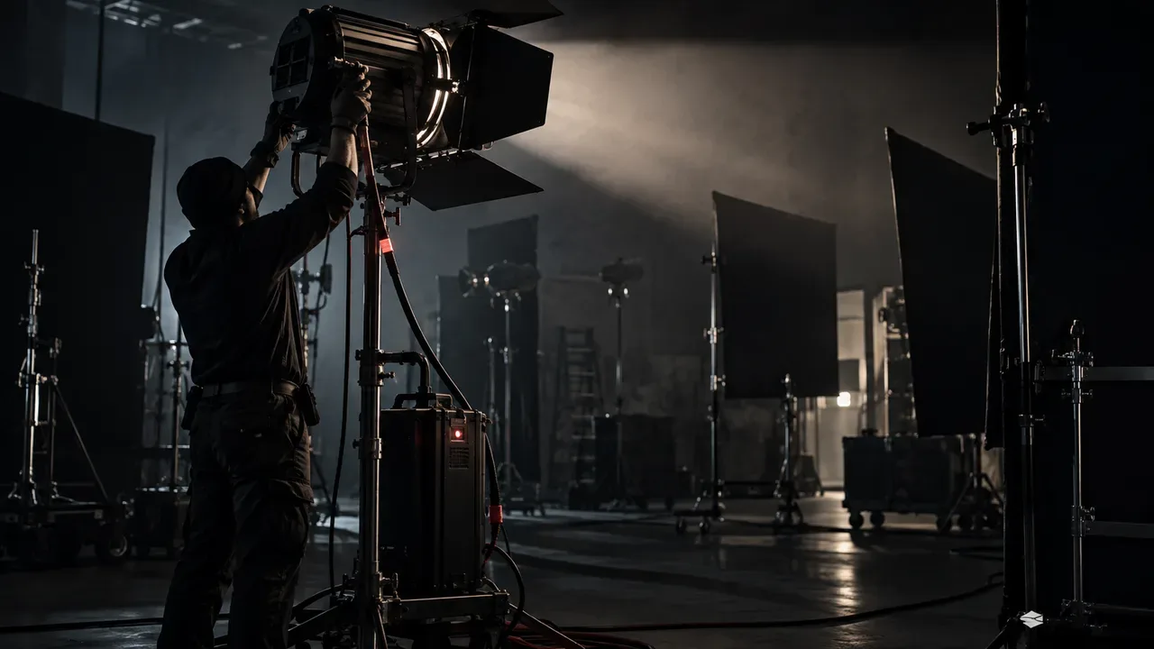 Técnico de iluminação ajustando luminária direcional em estúdio de filmagem escuro