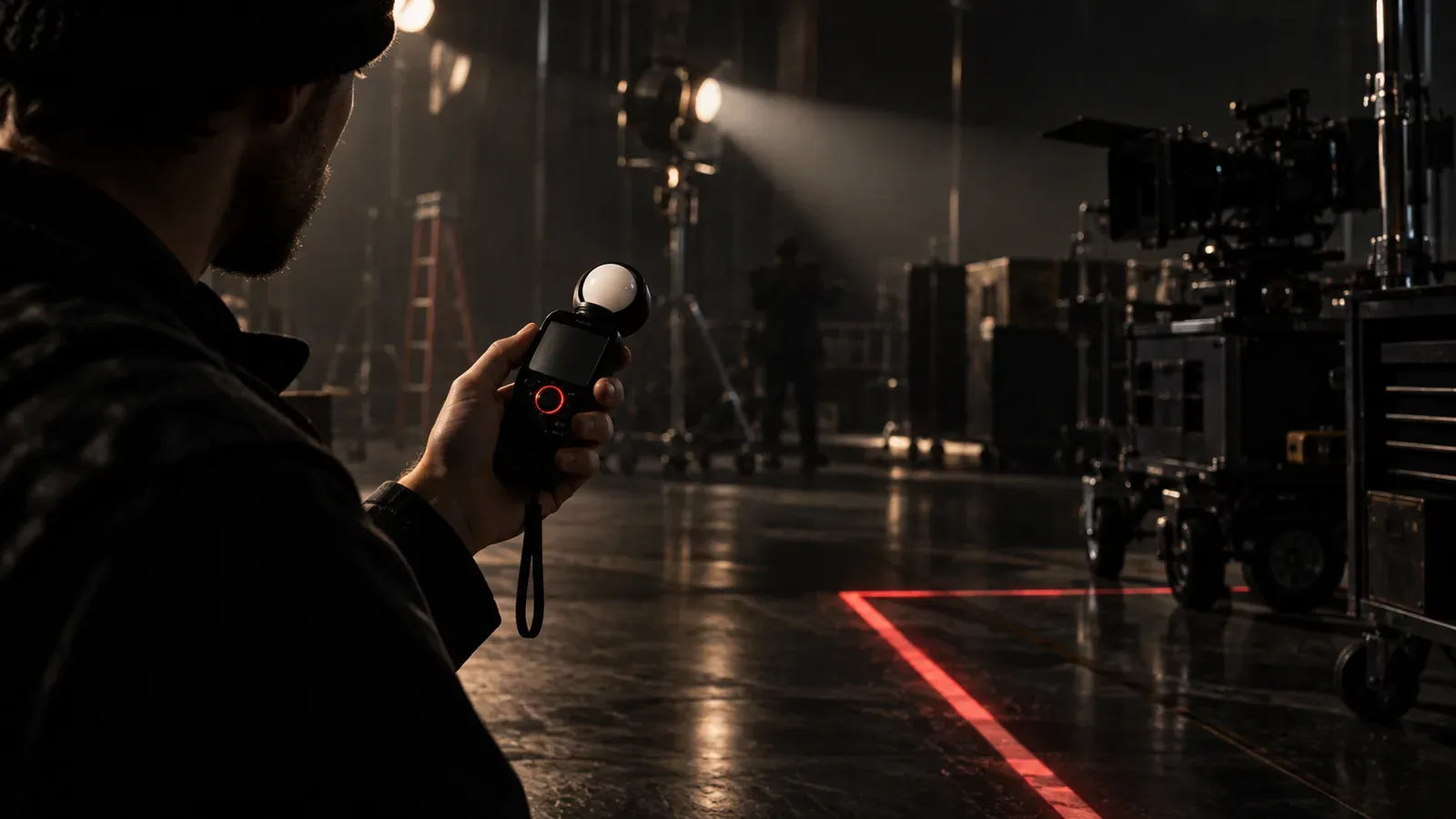 Diretor de fotografia segurando fotômetro digital incidente em set de cinema sob iluminação chiaroscuro