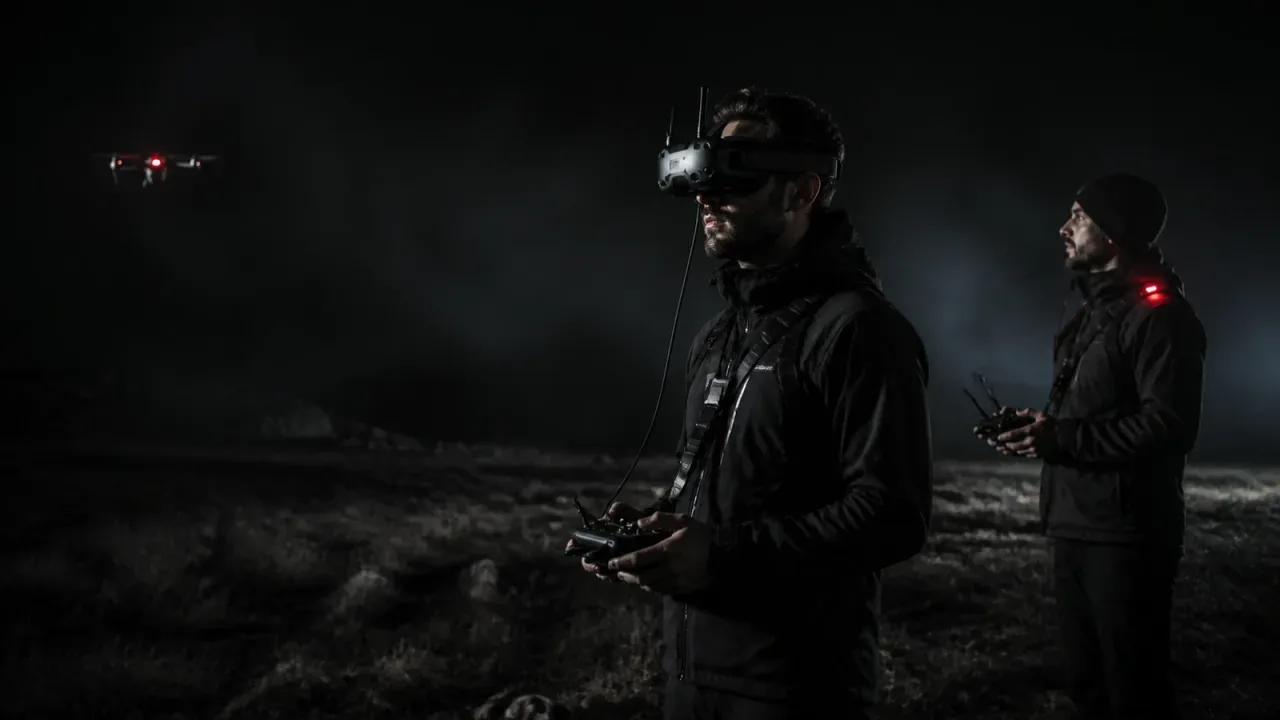 Piloto de drone FPV operando com óculos de imersão HMD ao lado de observador de RPAS com rádio em ambiente de gravação externa