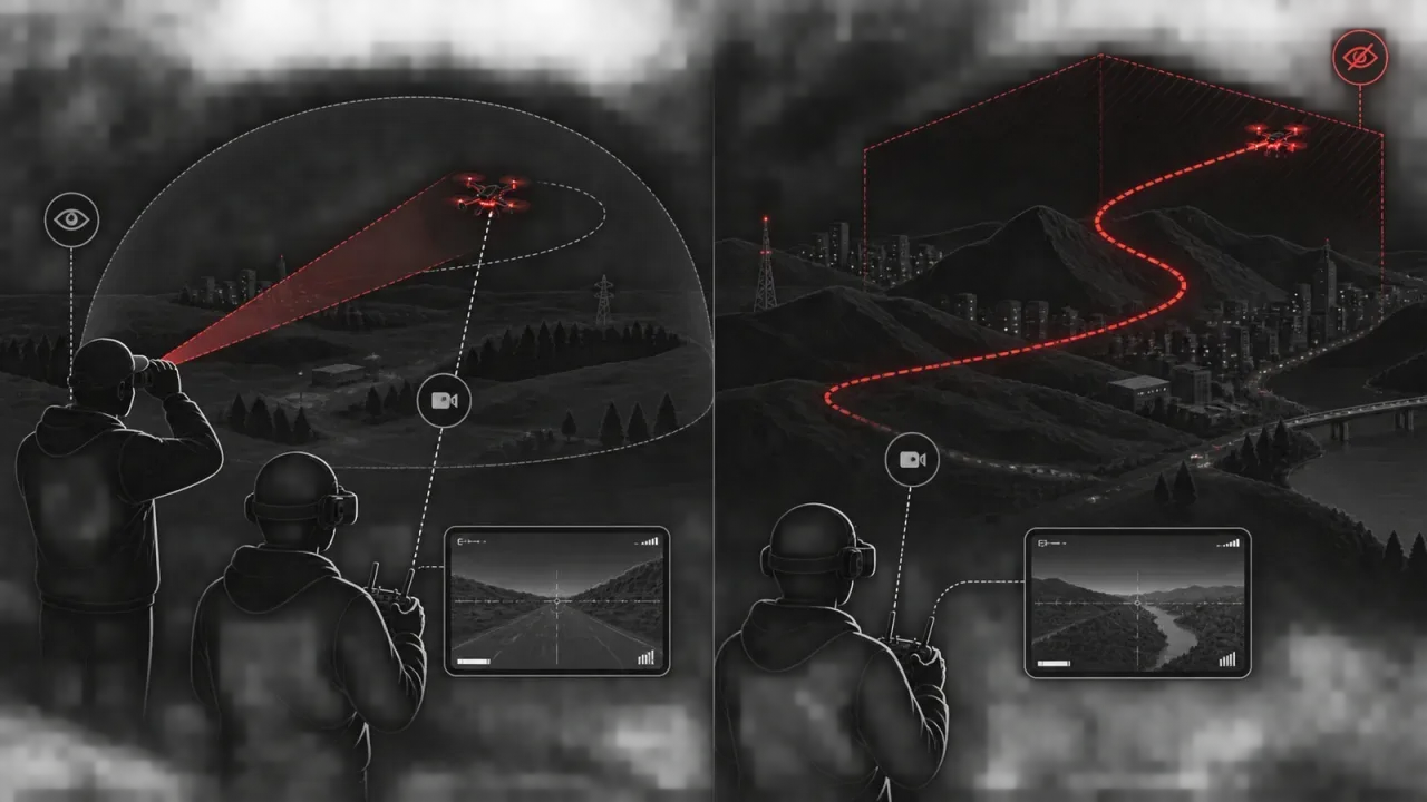 Diagrama esquemático ilustrando a diferença de operação entre voo FPV com observador dedicado e voo sem observador caracterizando BVLOS