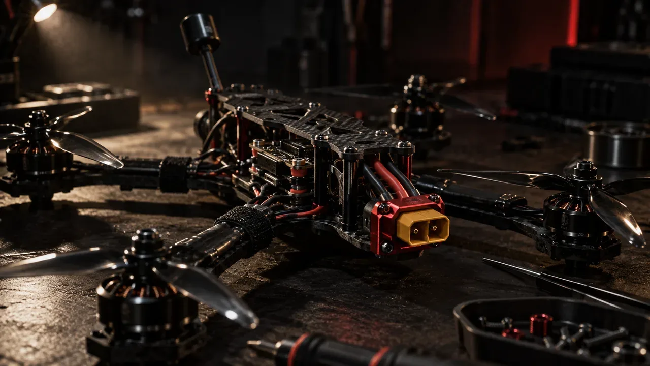 Chassi FPV montado com stack de controladora isolado por amortecedores de silicone e suporte carmim de conector de bateria