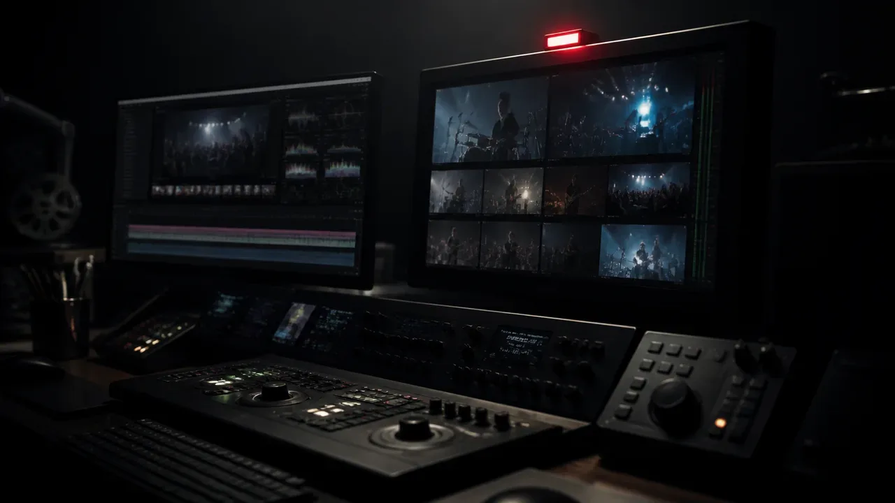 Estúdio de gravação audiovisual com câmera de cinema, monitor de referência e cabo de sinal vermelho sobre o piso grafite