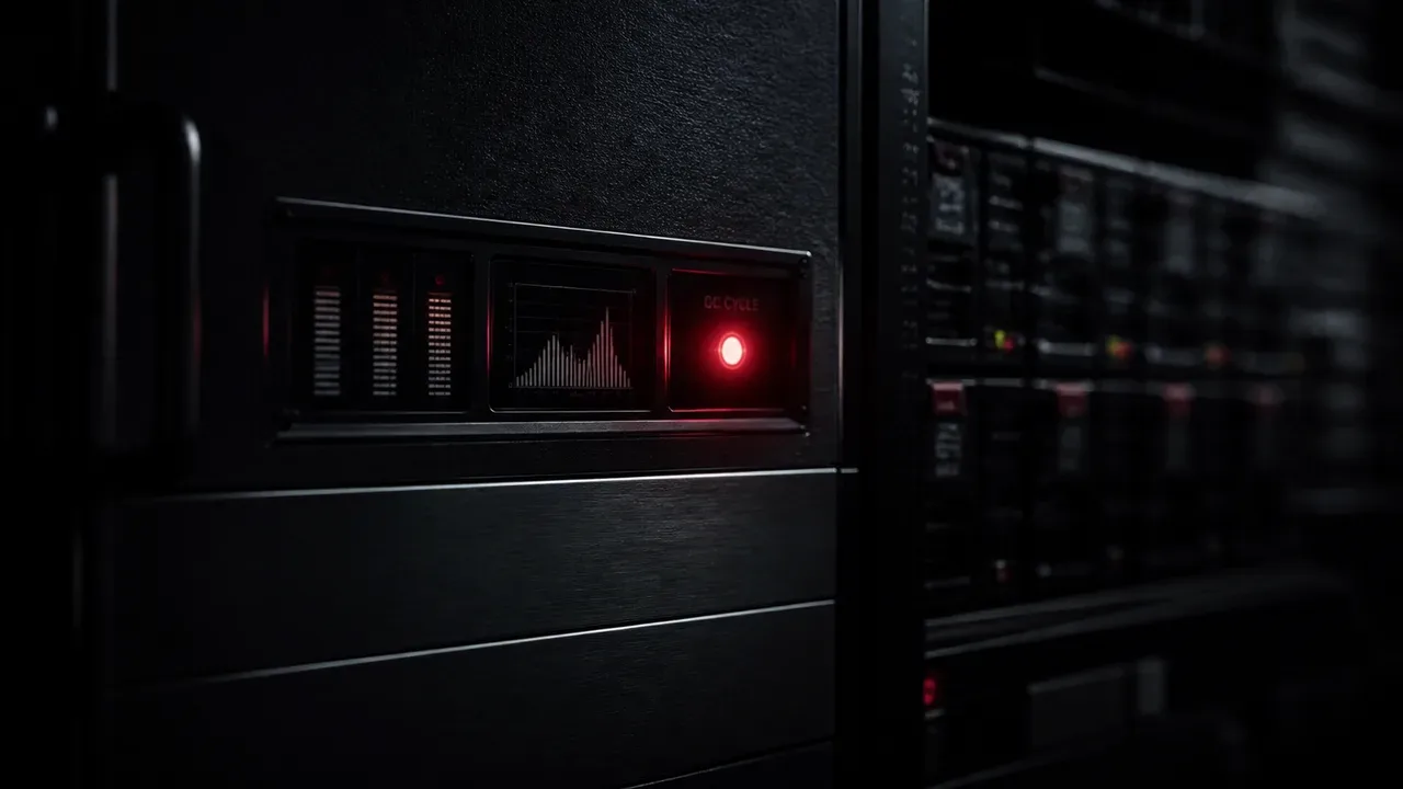 Painel de diagnóstico de servidor industrial em rack com LED indicador carmim e módulos de telemetria de heap