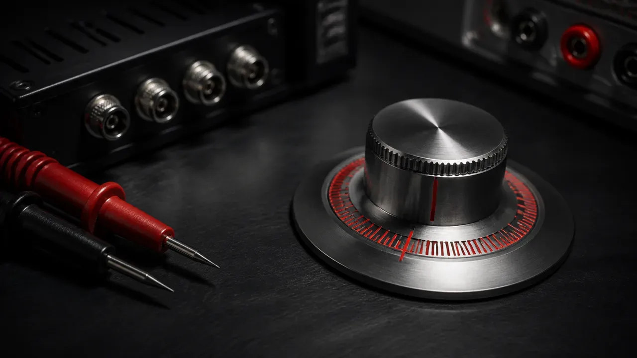 Bancada de calibração de hardware com chave seletora usinada em aço escovado e anel de graduação em vermelho carmim