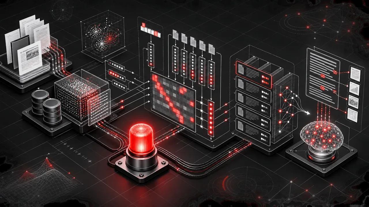 Diagrama técnico de fluxo de recuperação RAG exibindo indexação vetorial e console com indicador carmim