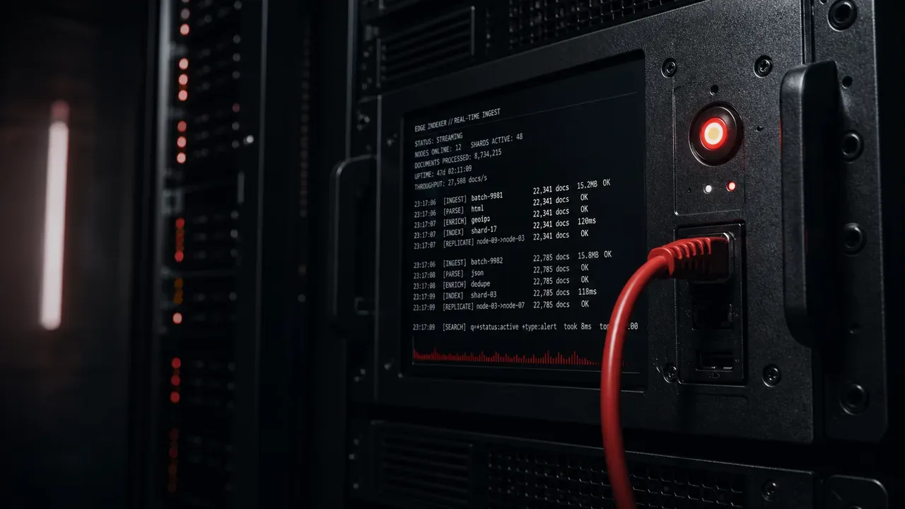 Estação de trabalho com rack de servidores e interface de indexação em tempo real com indicador luminoso carmim