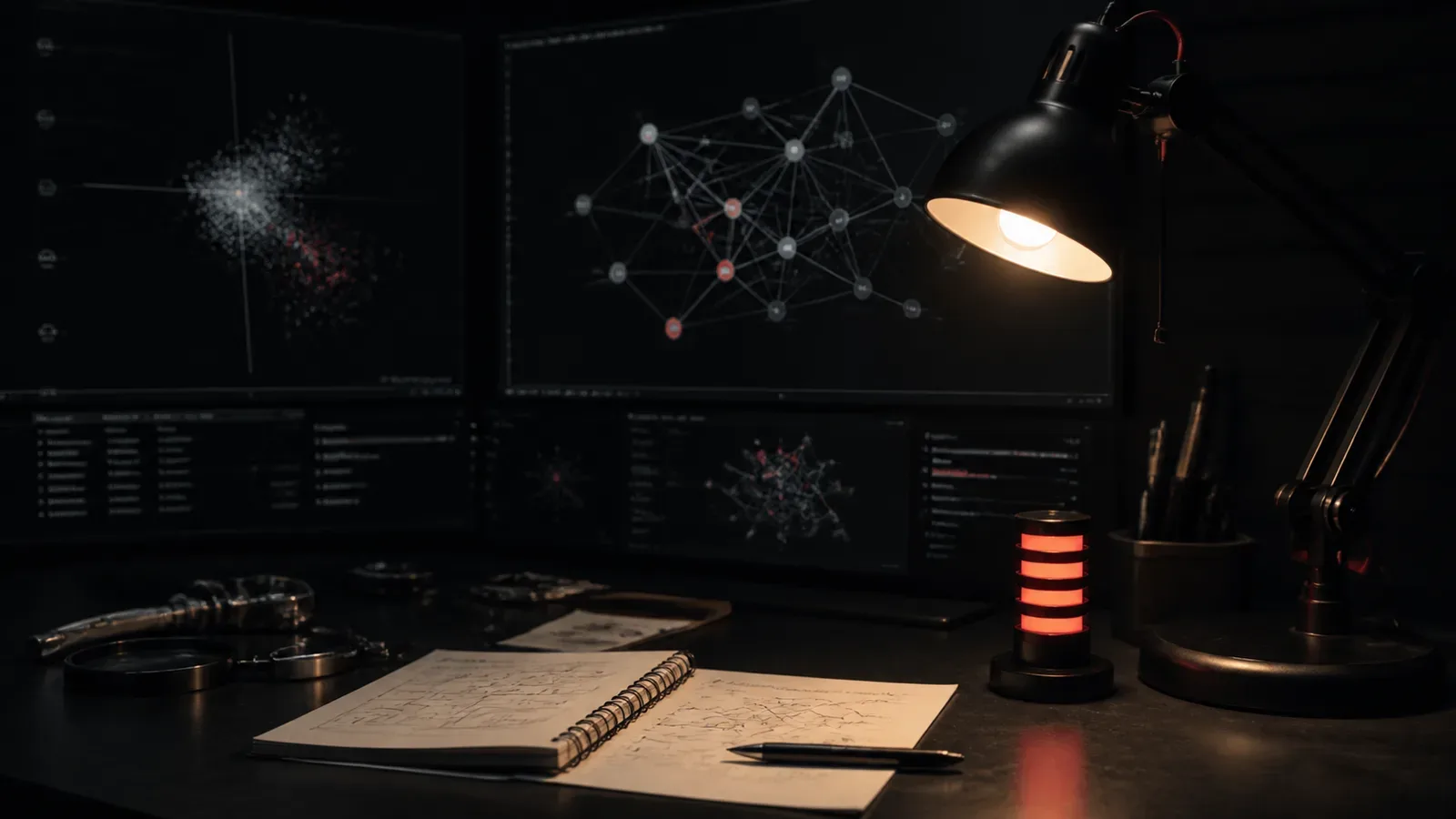 Bancada analítica de inteligência de busca com monitores exibindo grafos semânticos e luminária com detalhe carmim