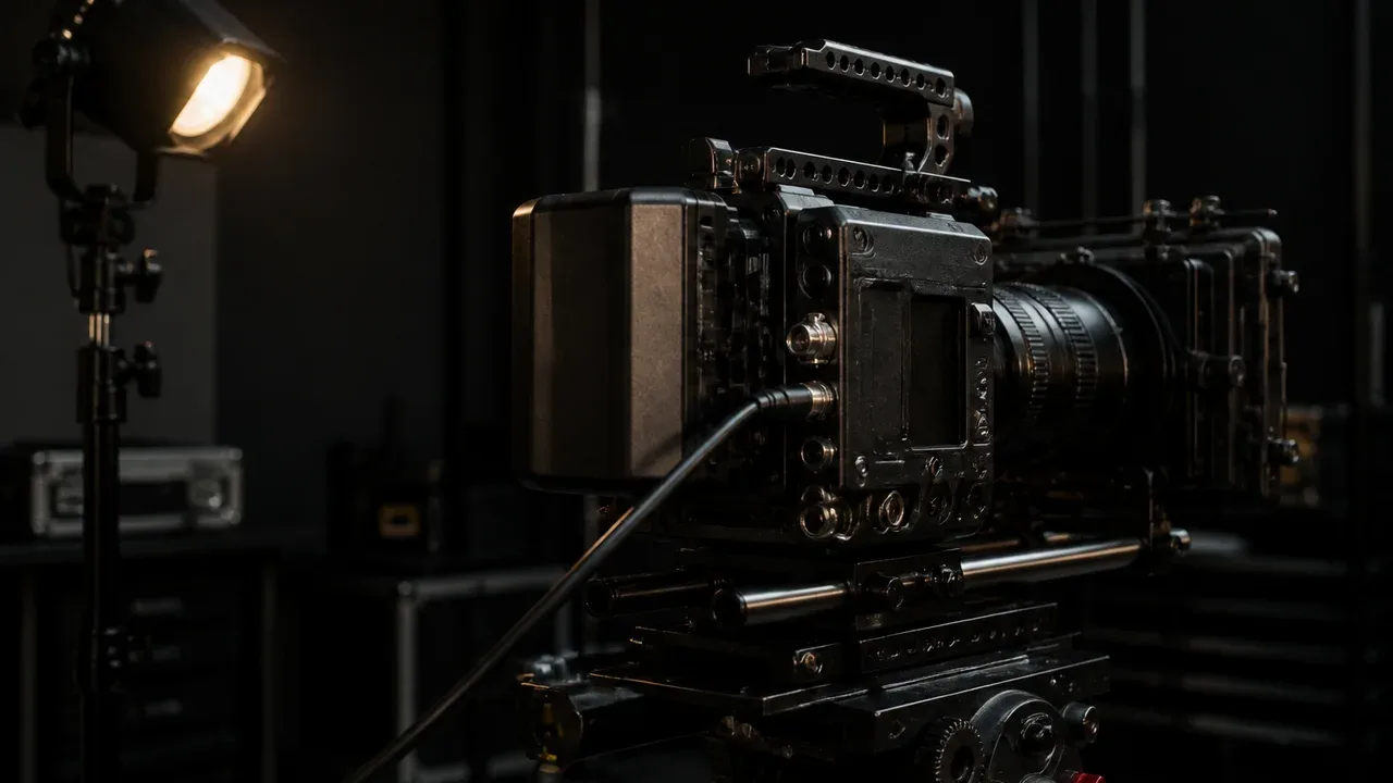 Câmera de cinema profissional montada em rig de estúdio com cabo BNC de Tri-Level Sync e mostrador LED carmim na lateral