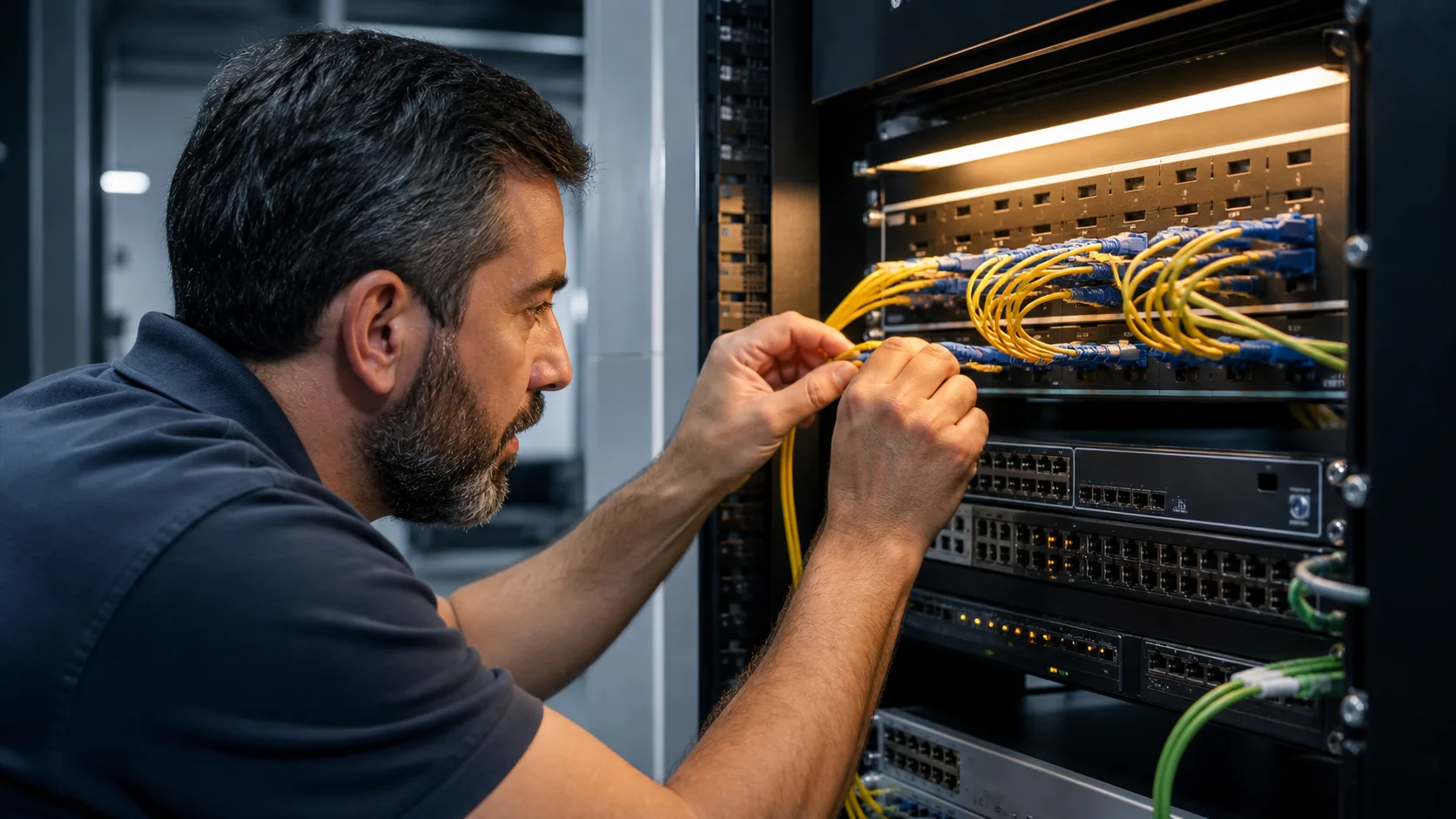 Engenheiro conectando switch de rede IP de alta velocidade com cabos de fibra ótica e LED carmim de status ativo no painel