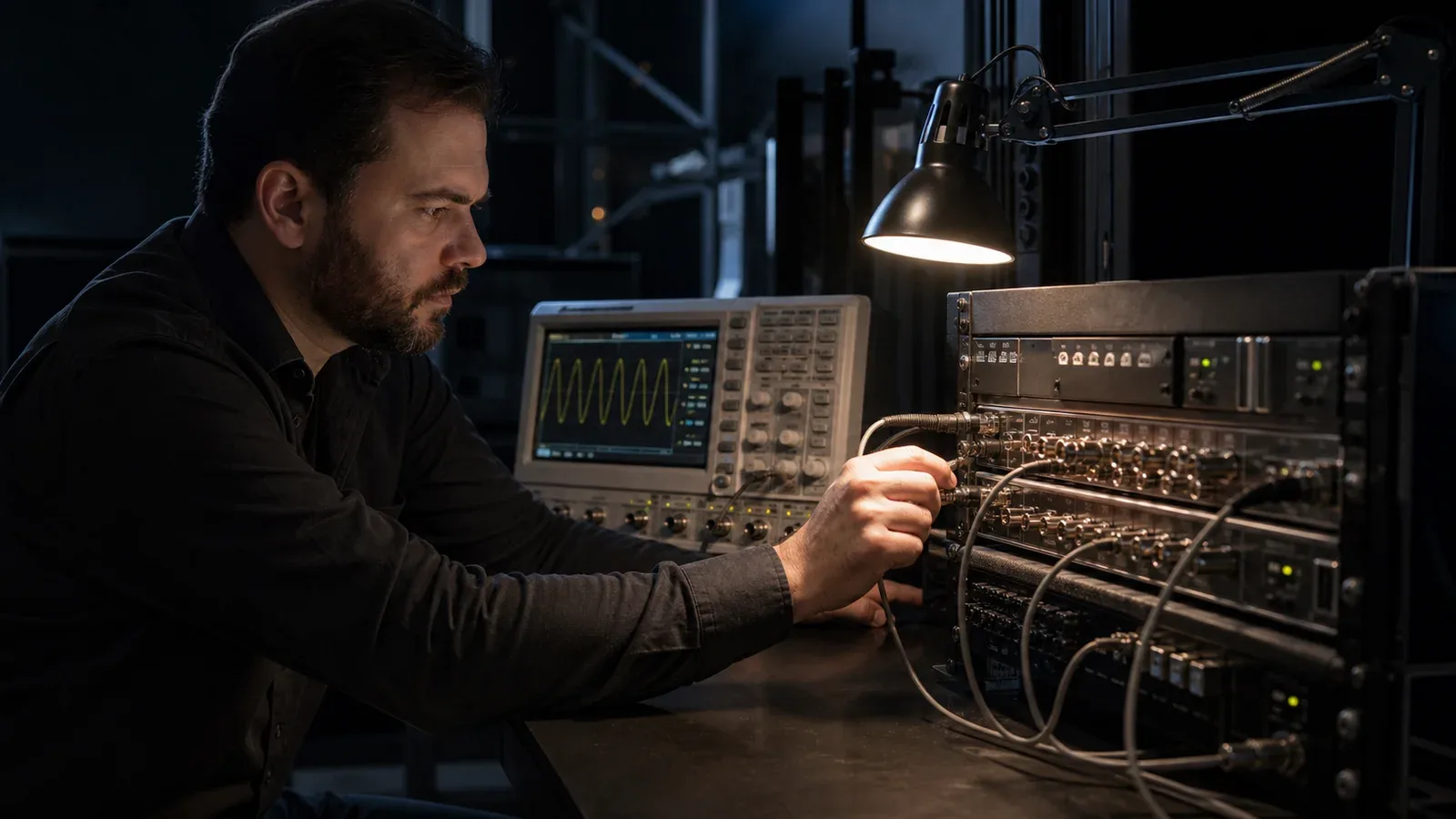 Engenheiro de broadcast inspecionando gerador de master clock e osciloscópio de sinal com indicador luminoso carmim ativo no rack