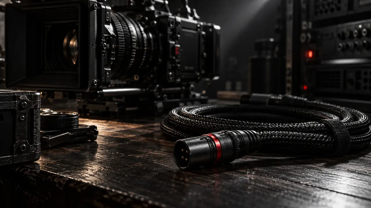 Bancada de produção audiovisual técnica com conexões de sinal e iluminação de recorte chiaroscuro
