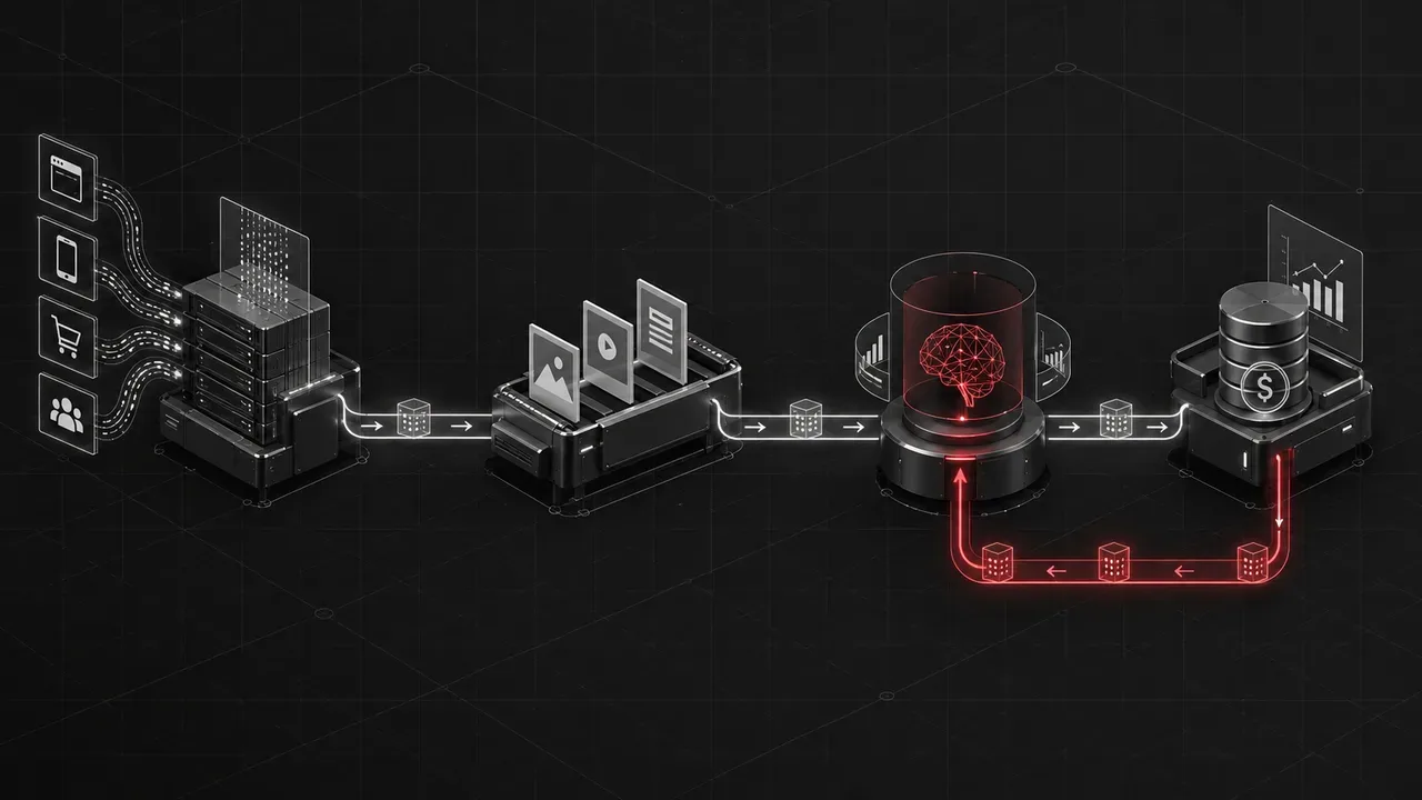 Diagrama técnico de nós operacionais interconectados com linha de feedback em blueprint escuro