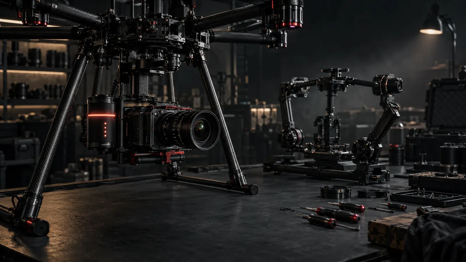 Bancada técnica de cinema FPV com rig de comparação entre montagem rígida e gimbal motorizado