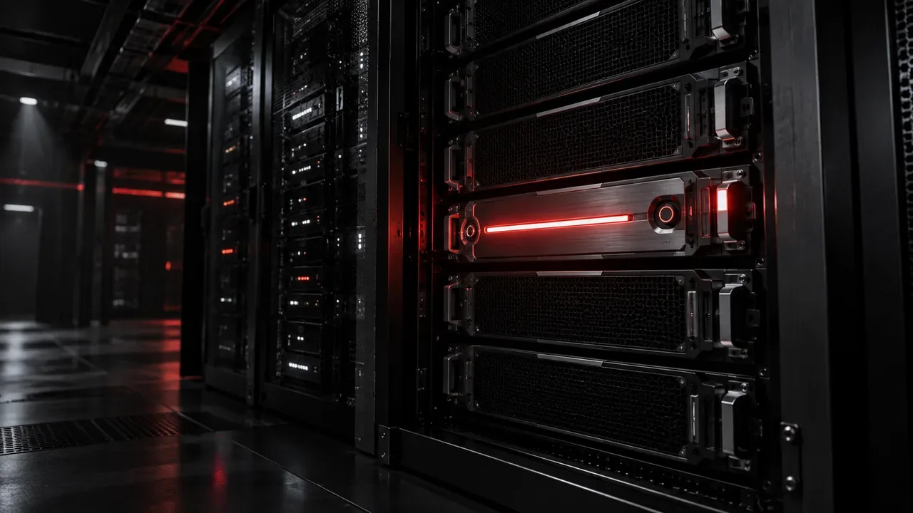 Instalação de computação concorrente em datacenter com blade controladora iluminada em primeiro plano