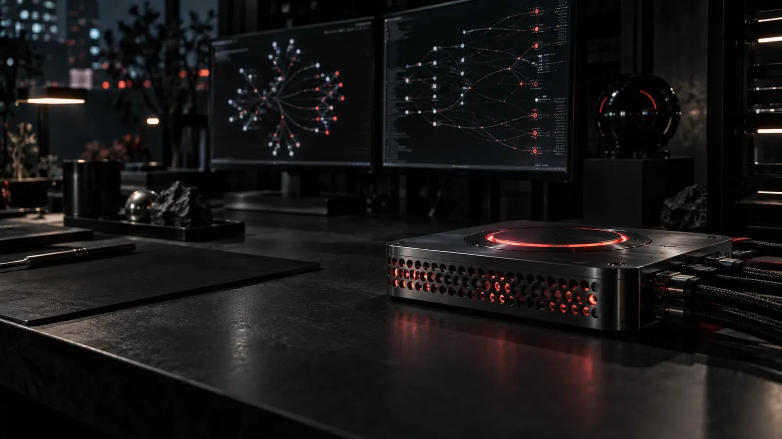 Bancada modular de engenharia de software com console de roteamento computacional e indicador luminoso em primeiro plano