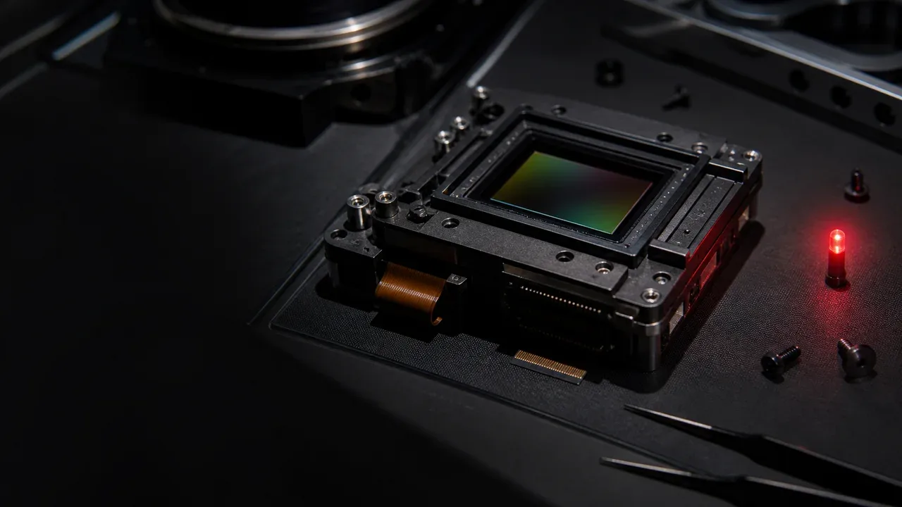Detalhe em close-up de sensor CMOS de cinema digital com lentes e circuitos reflexivos em iluminação de estúdio