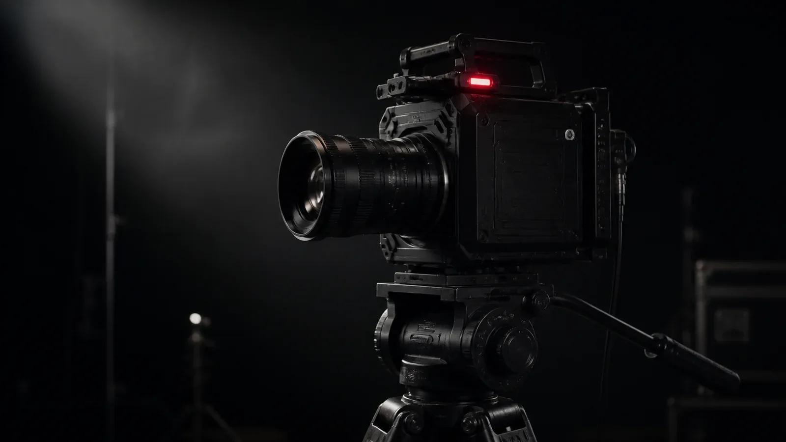 Câmera de cinema digital de grande formato montada em tripé com cabeça fluida pesada em estúdio, com indicador luminoso de status aceso no topo