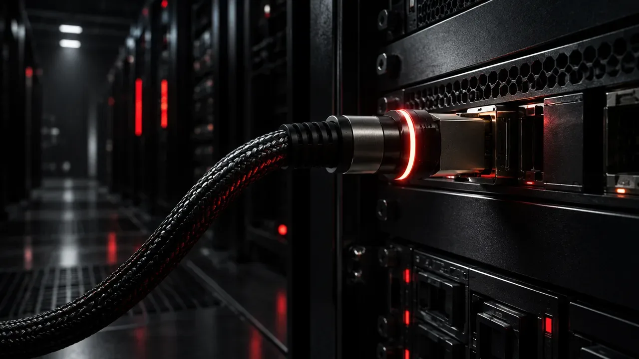 Cabo de fibra óptica blindado conectado a chassi de gateway seguro em rack de servidores