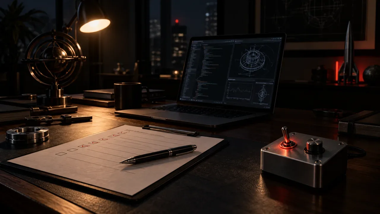 Mesa de engenharia executiva com checklist técnico e laptop sob iluminação direcional