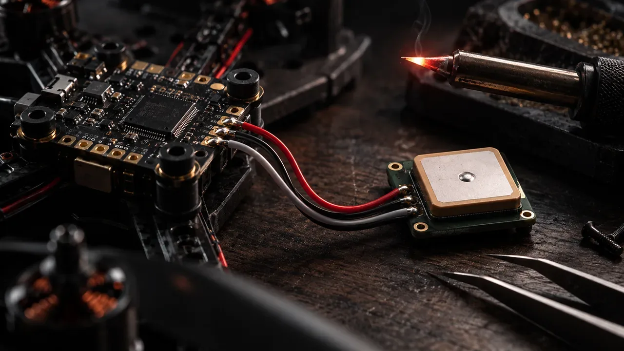Soldagem serial UART de módulo GPS em controladora de voo de drone FPV