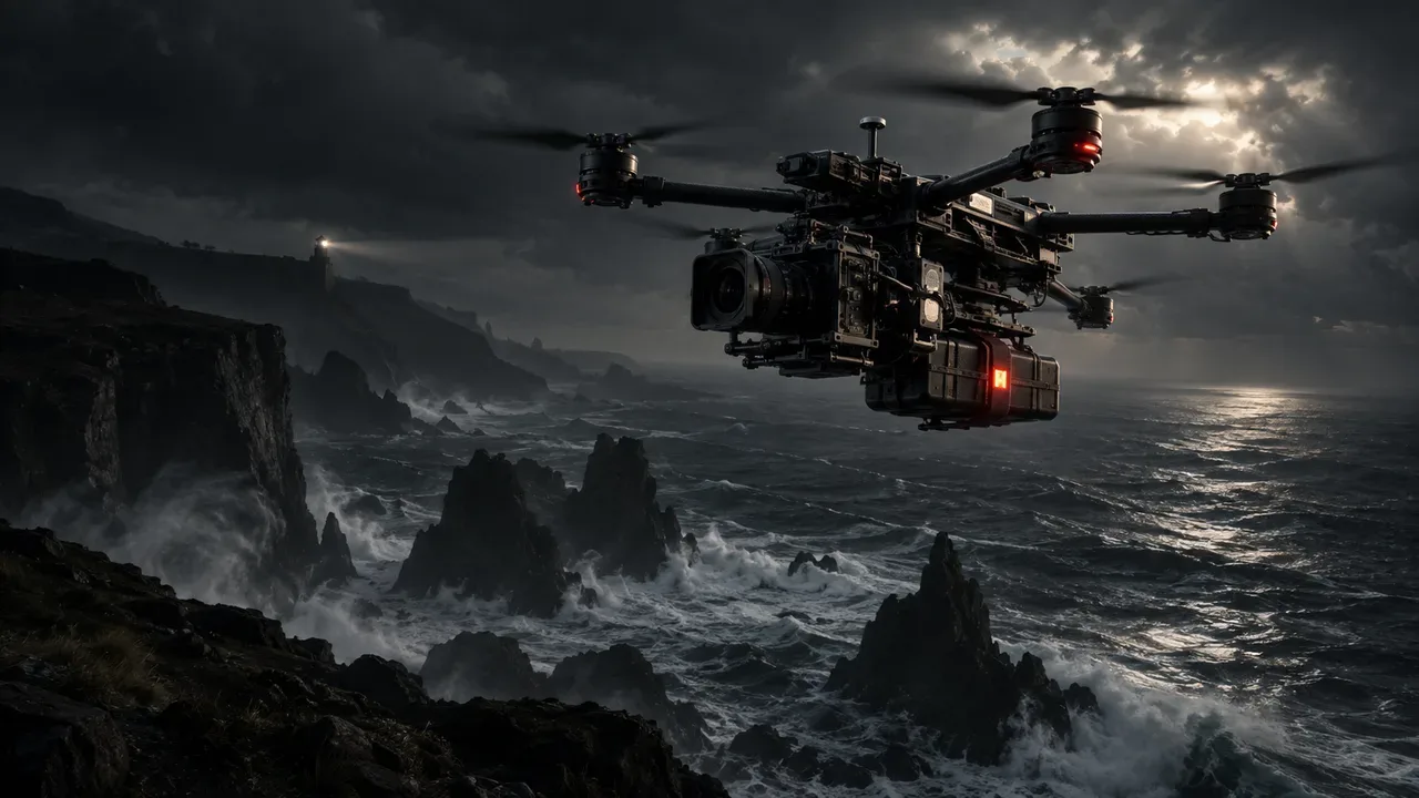 Cinelifter FPV de cinema executando retorno de emergência sobre relevo costeiro revolto ao entardecer