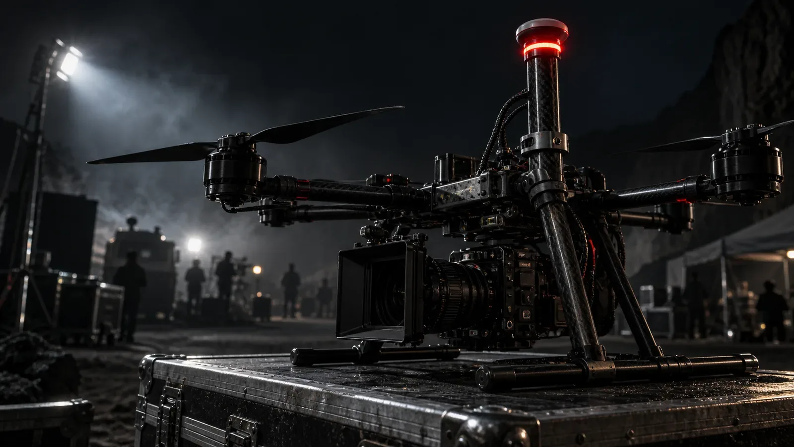 Cinelifter FPV de cinema pesado em bancada técnica de set com sensor GNSS u-blox M10 montado em mastro aerodinâmico