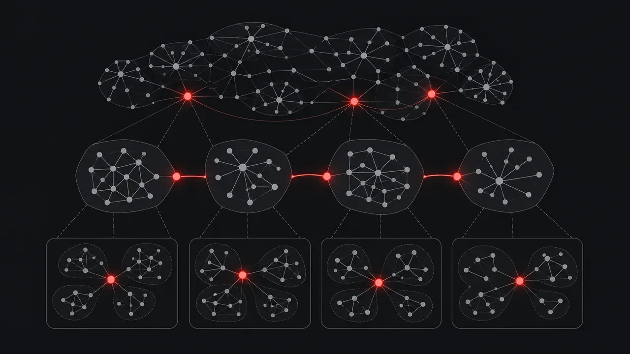 Diagrama esquemático em fundo grafite escuro demonstrando o particionamento de comunidades hierárquicas pelo algoritmo Leiden com nós iluminados em carmim