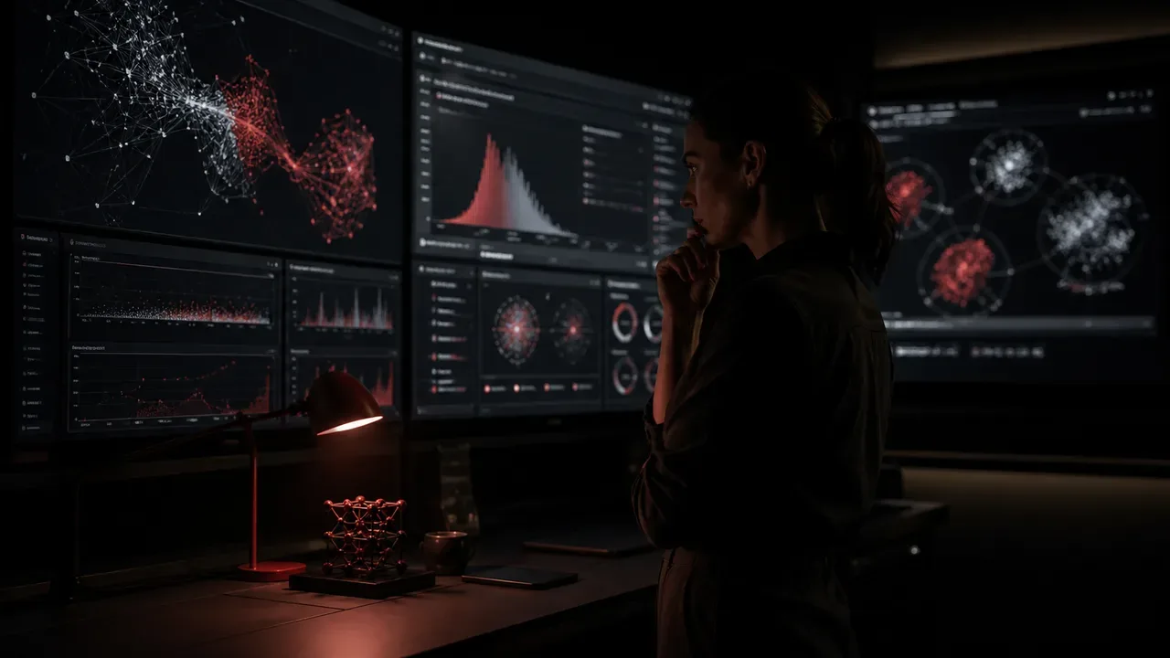 Engenheiro de IA em sala de controle monitorando métricas de modularidade de grafos com luminária carmim iluminando o teclado