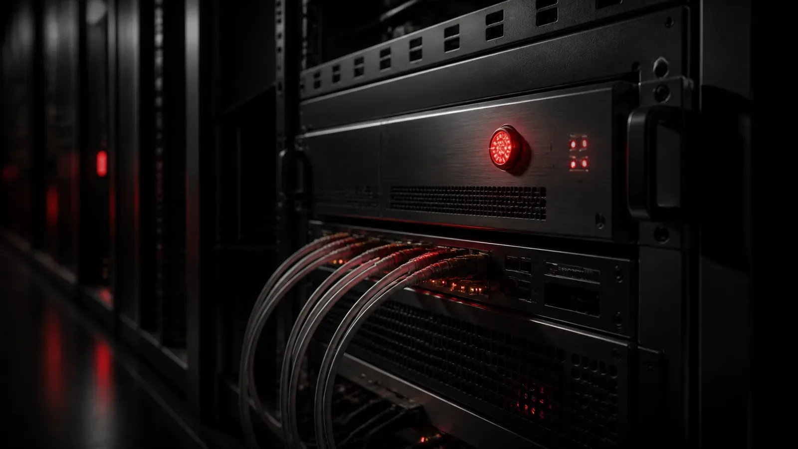 Módulo de processamento e servidor de grafos em rack de datacenter com iluminação chiaroscuro e indicador LED carmim aceso
