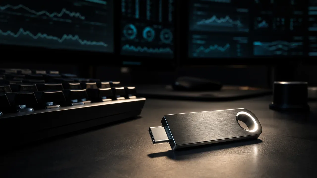 Bancada de engenharia de software em ambiente escuro chiaroscuro com chave de seguranca de hardware e monitores de telemetria