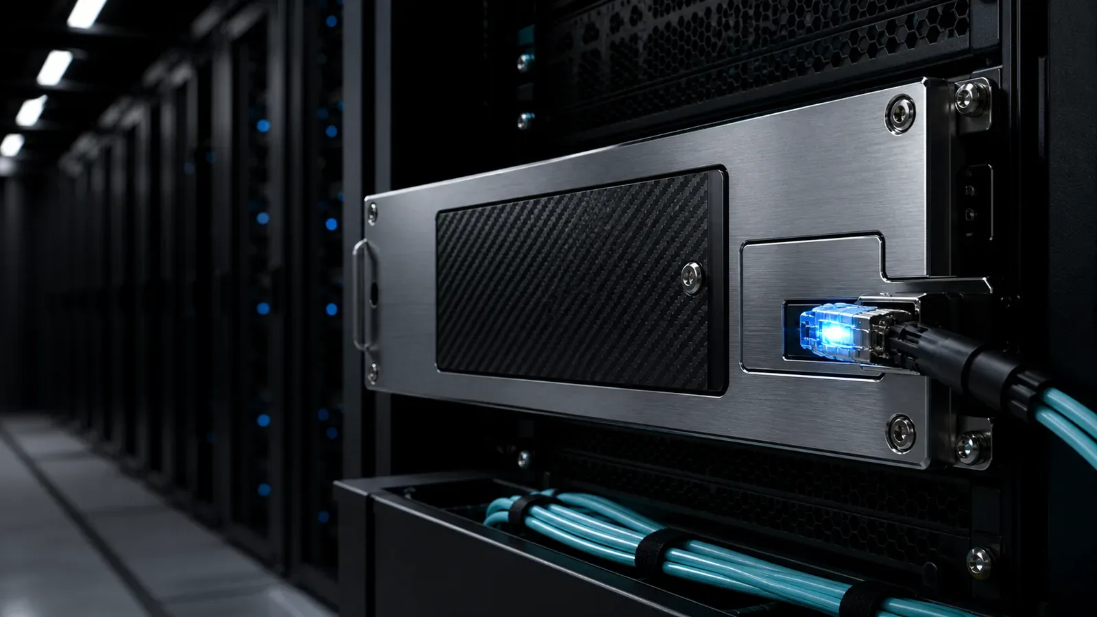 Rack de servidores industriais em data center escuro com modulo de seguranca de hardware HSM blindado e cabo de fibra optica