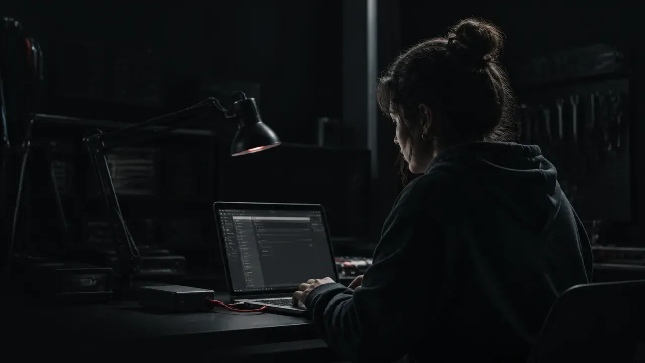 Desenvolvedora conferindo a configuração de um modelo local em Mac antes de iniciar o teste de vídeo
