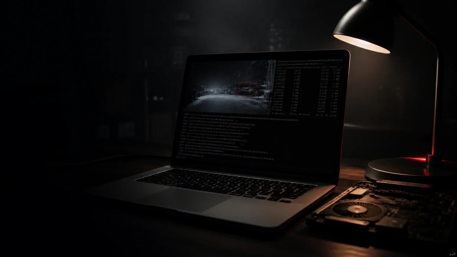 MacBook executando inferência de vídeo local pelo terminal, com iluminação de bancada sobre o teclado
