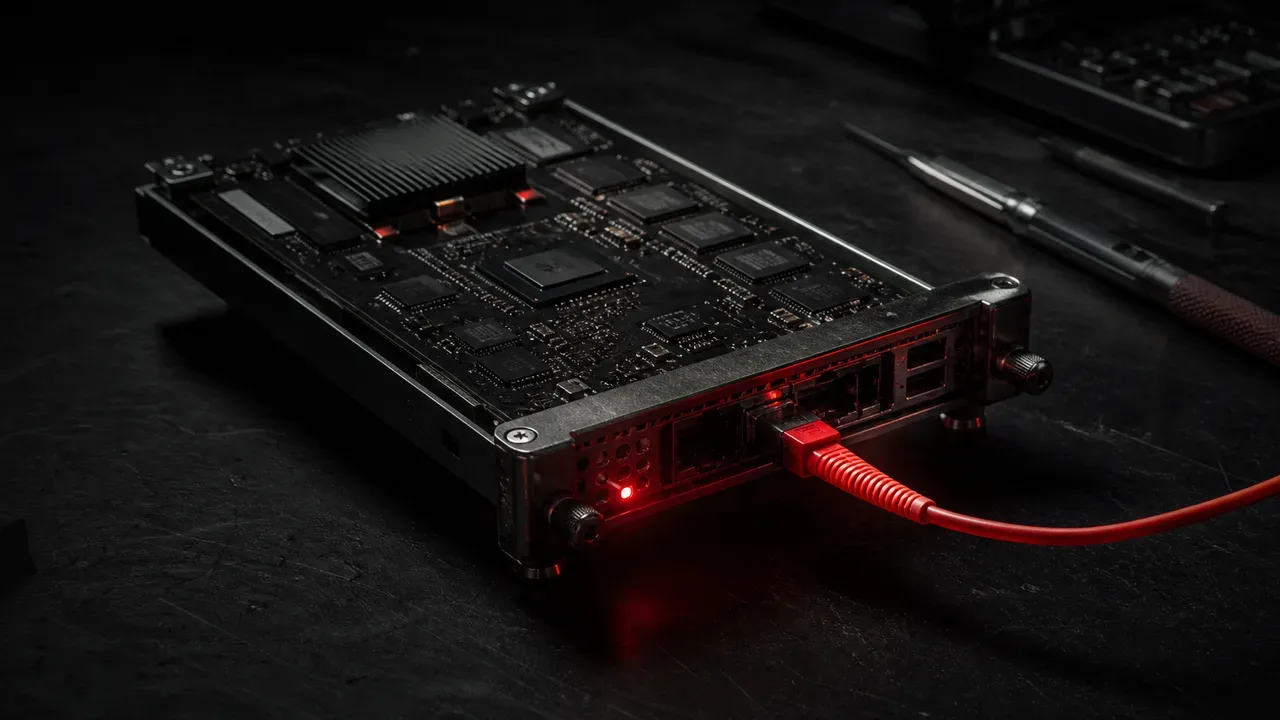 Módulo de hardware de segurança e lâmina de computação isolada com cabo de fibra óptica vermelho e LED de barramento