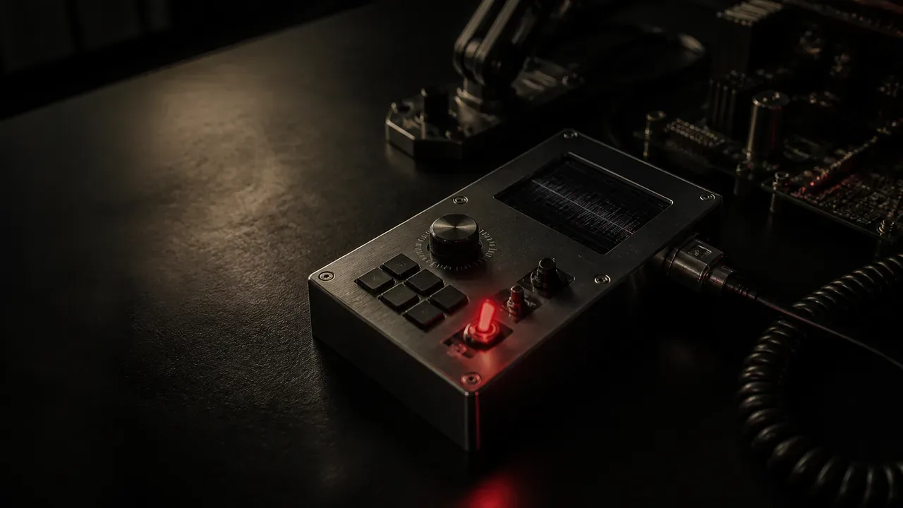 Console de telemetria e depuração de hardware com interruptor mecânico vermelho iluminado em bancada escura de laboratório