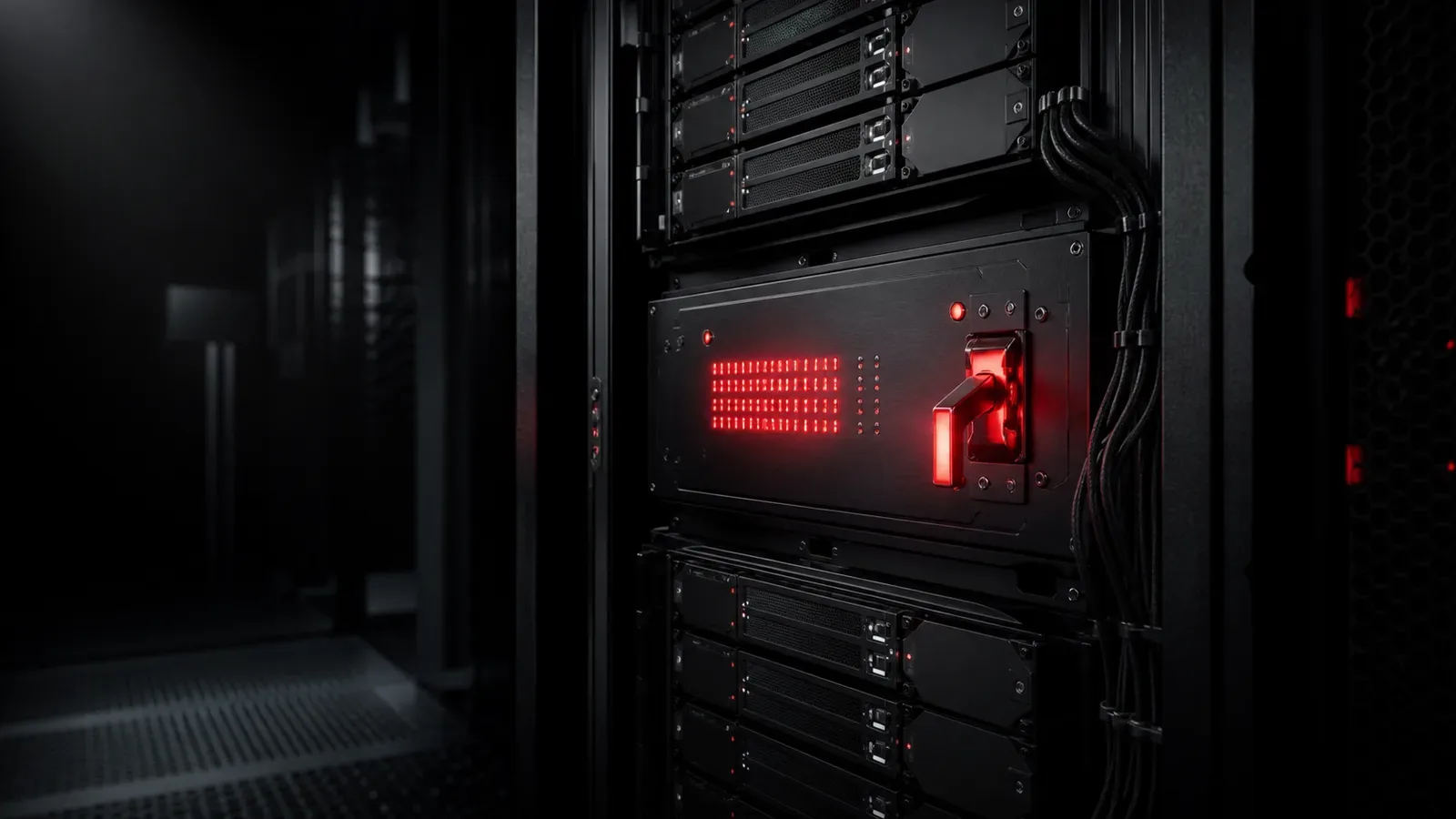 Rack de execução e sandbox de agentes de IA em datacenter escuro com matriz de LEDs vermelhos e trava física iluminada