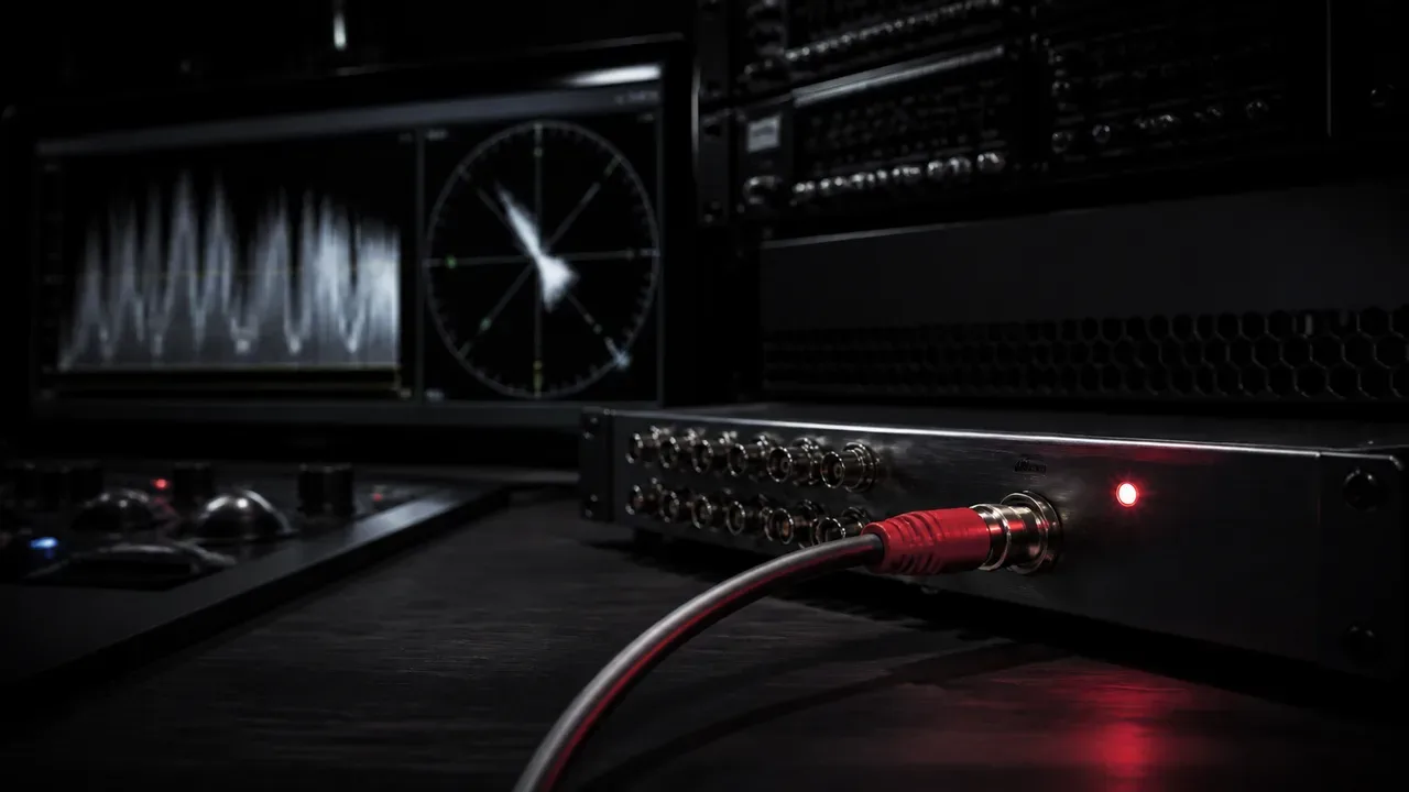 Bancada de monitoramento de sinal de vídeo e interface de hardware 12G-SDI com indicador de gravação ativo