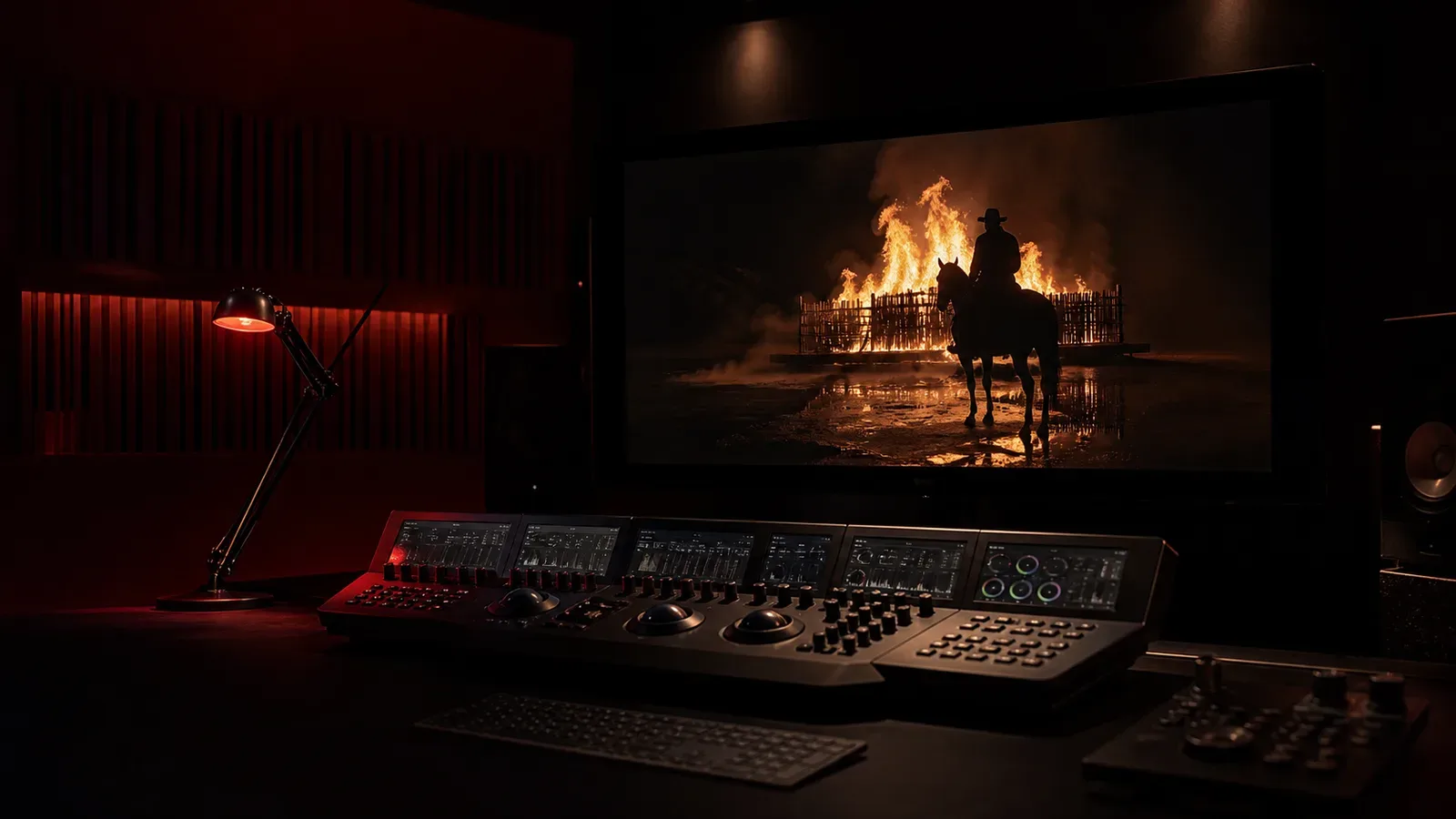 Suíte de color grading HDR com monitor de referência de masterização exibindo imagem de alto alcance dinâmico