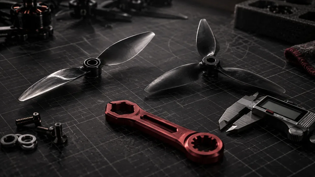 Comparativo macro entre hélice biblade de corrida e hélice triblade de freestyle com ferramenta de aperto carmim