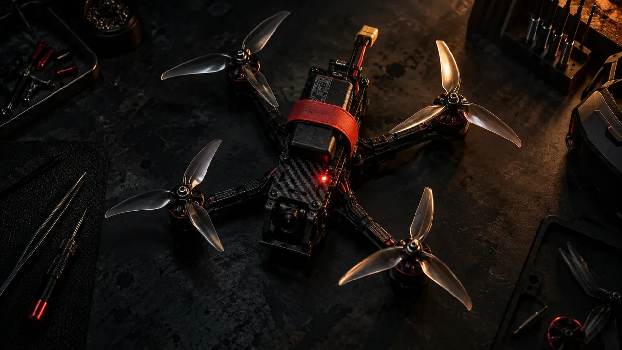Drone FPV de 5 polegadas visto de cima com configuração Props Out e fivela de bateria carmim