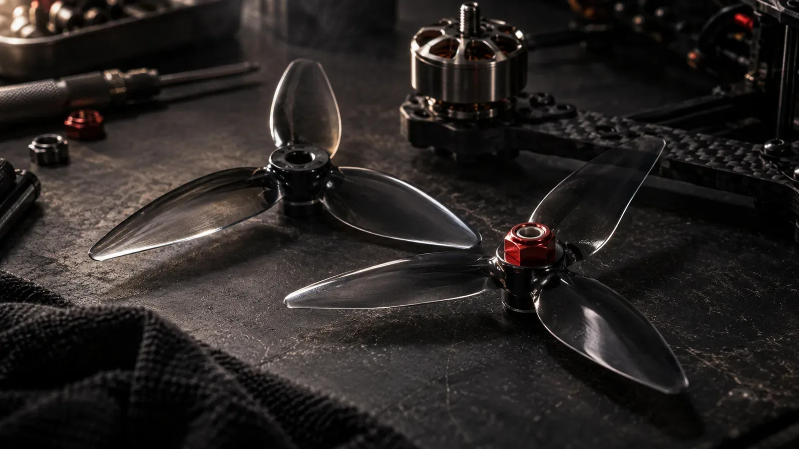 Chassi e hélices triblade de 5 polegadas para drone FPV em bancada escura de manutenção com porca autotravante carmim