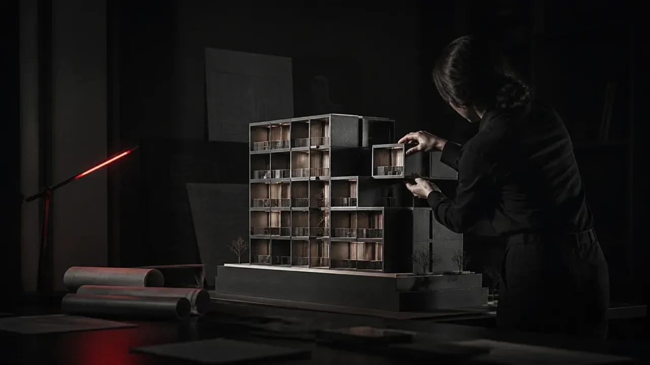 Arquiteta ajusta uma maquete modular de edifício em um estúdio de projeto