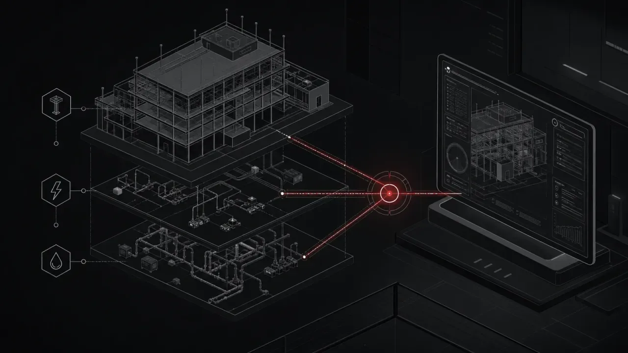 Modelo BIM em perspectiva mostra a compatibilização entre estrutura, elétrica e hidráulica